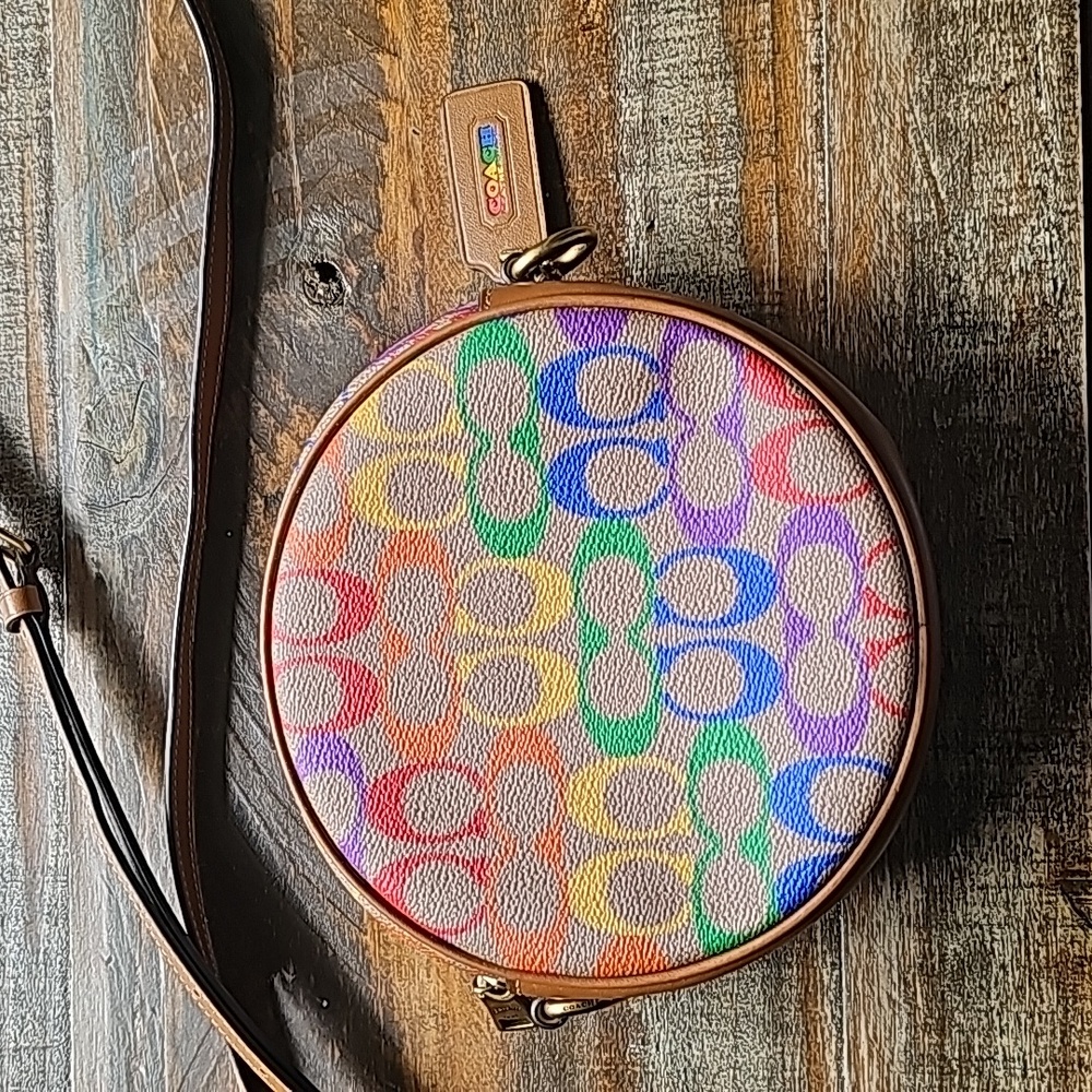 Coach Circle Crossbody In Rainbow Signature Canvas and Refined Calf Leat…